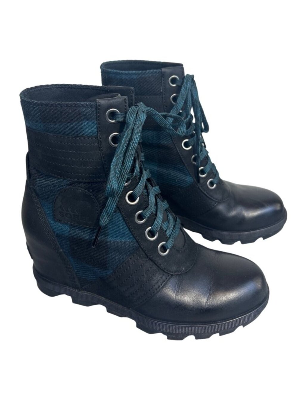 Sorel Lexie Wedge Boots Women's 7 Green Plaid Lace Up Winter Boot Waterproof